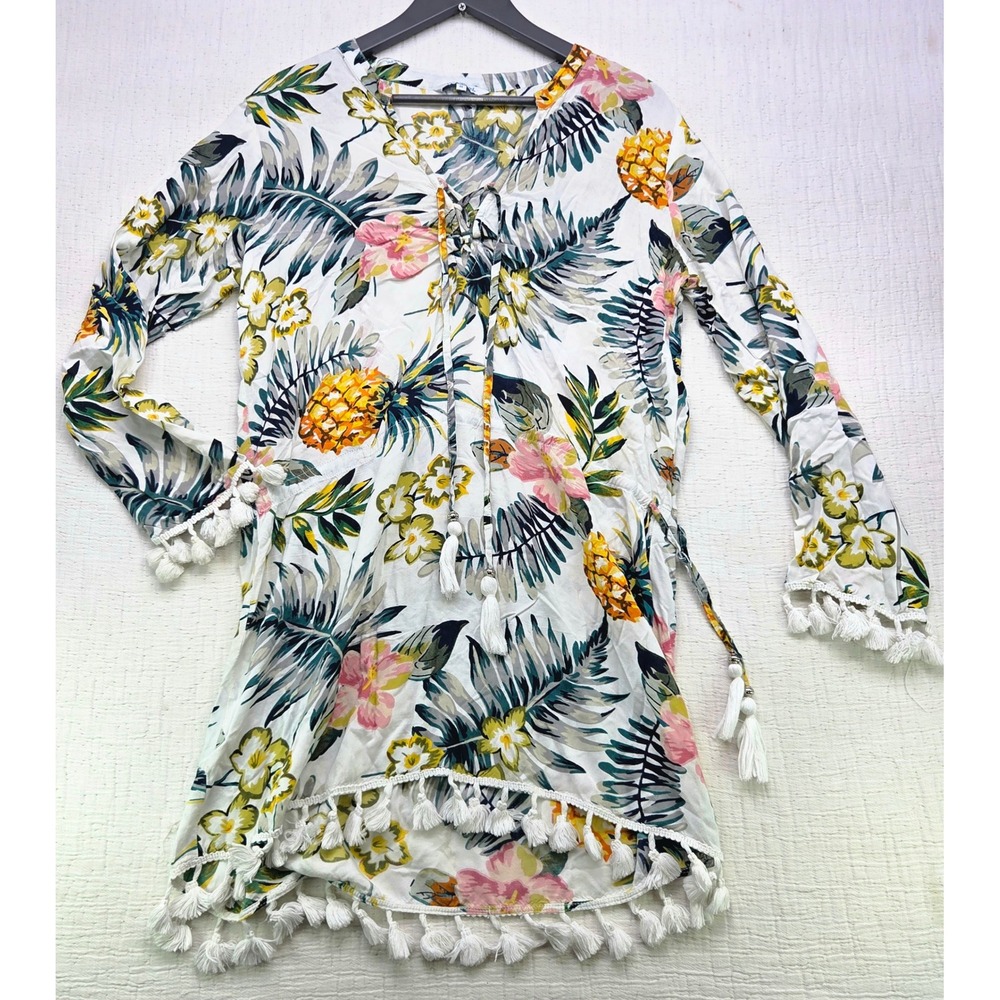 Blue Island Tropical Pineapple Floral Tassel Mini Dress White Multi Size M